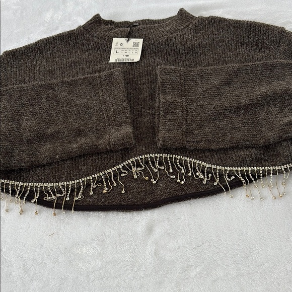 Elegant Brown Sweater with Beaded Hem - Picture 4 of 7